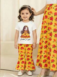 SHEIN White,Summer,Cute,Family Matching Baby Girl Cartoon Princess Print T-Shirt & Rose Flare Pants Set,Short Sleeve Round Neck Top,Casual Outfits,Abaya - Multicolor - View 2