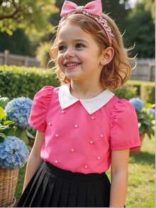Elladie kids 4-7岁女童淑女风白色小领玫红色泡泡袖串珠前襟上衣，适合春夏日常穿着、户外活动、休闲外出 - 玫紅色 - 查看 4