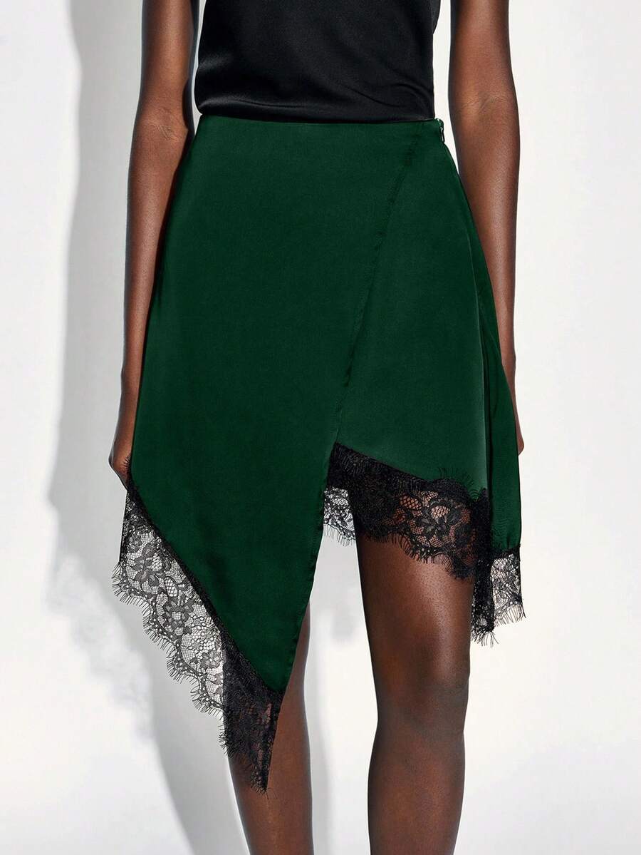 Maija 女士不对称撞色蕾丝下摆半身裙，都市通勤商务休闲OL优雅之选，适合春夏，情人节不对称叠层半身裙开衩半身裙高低裙摆半身裙，现代都市休闲时尚商务休闲女装OL低调老钱风轻松气质高端都市通勤高品质机场女装高端面料 - 墨綠色 - 查看 1
