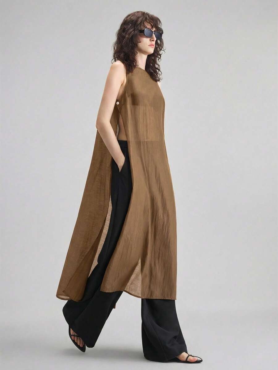 Ontre 2026 Sheer, Graduation, 2025 New Style, Summer Women's , Autumn Women's , Urban Style Round Neck Sleeveless Semi-Sheer Top With Side Button Long Blouse, Fashion Daily Business Casual Women's Beach , All Season Ins Celebrity Same Style Vacation Style, Exotic Atmosphere, Country Concert, Western Style , High-Grade Fabric, Comfortable And Breathable Bohemian Style Vacation Wear - Brown - View 1