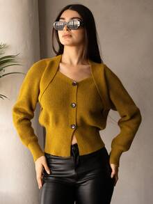 Andrea Bello Women's Solid Color Minimalist Urban Chic Special Shoulder Design Knitted Cardigan, Suitable For Autumn, Winter, Going Out, Elegant, Leisure, Formal, Party, Fashionable, New Year, Christmas, Work, Graduation, Wedding - Yellow - View 1