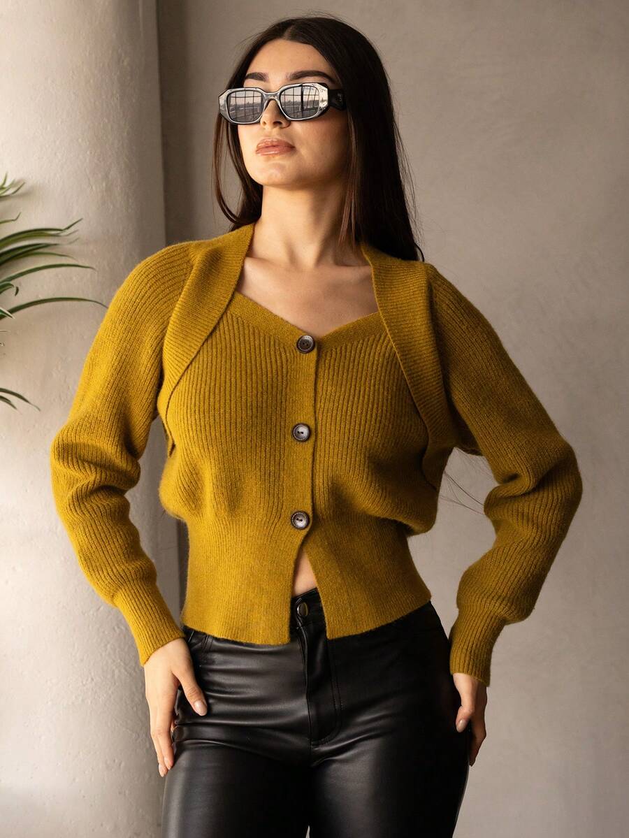 Andrea Bello Women's Solid Color Minimalist Urban Chic Special Shoulder Design Knitted Cardigan, Suitable For Autumn, Winter, Going Out, Elegant, Leisure, Formal, Party, Fashionable, New Year, Christmas, Work, Graduation, Wedding - Yellow - View 1