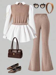 SHEIN ChillGRL 少女休闲衬衫套装，采用酒红色蝴蝶结设计，珍珠串珠针织面料，荷叶边领口和下摆，搭配酒红色珍珠串珠针织喇叭裤，适合春秋季休闲、通勤、旅行、聚会、拍照等场合。 - 卡其色 - 查看 2