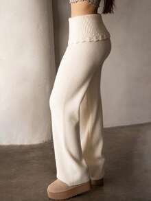 Andrea Bello 罗纹针织钩编细节翻折腰带阔腿裤套装（仅下装）秋季舒适可爱休闲咖啡俱乐部优雅晚宴派对新年感恩节 - 奶油色 - 查看 6
