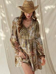 Wildy 女士度假休闲V领印花长袖短裙 - 彩色 - 查看 3