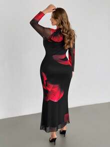 Auralis 大码女装春秋时尚优雅弹力舒适派对连衣裙，红色大碎花印花，黑色修身长裙，紧身款式，曲线身材，优雅时尚连衣裙，女士碎花连衣裙，情人节连衣裙，春季服装 - 黑色 - 查看 2