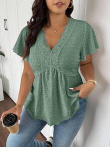 SHEIN Frenchy Plus Size Tie Dye Floral V-Neck Lace Patchwork Textured Women T-Shirt - Green - View 5