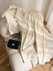 Elladie kids 2pcs/Set Girls Sleeveless V-Neck Tank Top & Wide Leg Straight Pants Casual Suit, Versatile For Daily, Business, School Wear - Apricot - View 5