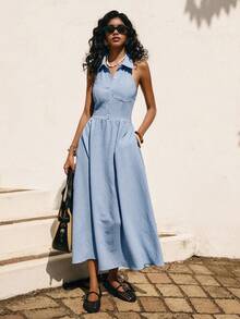 Poéselle Women's Casual Blue Sleeveless Shirt Collar Long Dress With Pockets Flared Hem Woven Fabric - Blue - View 2