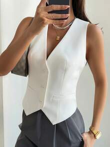 Livesso Áo tank top nữ không tay cổ chữ V màu trơn, kiểu dáng thường ngày, cài cúc phía trước. - trắng - Xem 4