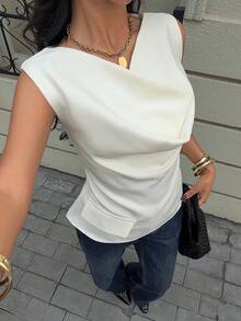 Siren Gaze 女士纯色简约新款翻领无袖衬衫 - 杏色 - 查看 4