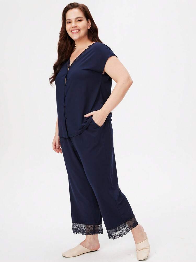 Women Dark Blue Plus TENCEL™ Modal Lace Short Sleeve Shirt & Pants Women Pajama Set Lounge Set Lingerie