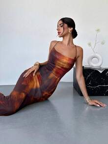 Firerie Women's Elegant Vacation Sexy Gradient Tie Dye Spaghetti Strap Backless Tie Strap Mesh Sheer Mid-Length Bodycon Slip Dress, Suitable For Summer Daily Wear And Holidays - Multicolor - View 6