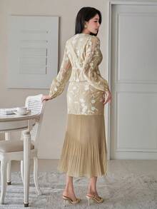 DAZY Set da 2 pezzi composto da blusa floreale elegante scollo a V e gonna, primavera - Albicocca - Visualizzare 2
