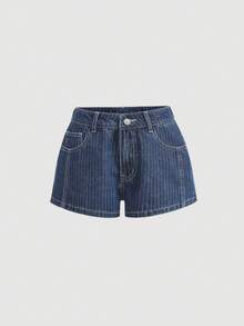 Teen Girl Striped Dark Blue Denim Low Waist Shorts,Kid Spring And Summer Casual Vacation Country Boho Wear, Beach For Kid, Western Street Wear, Spring Break, Rave Festival Denim Shorts - Dark Wash - View 3
