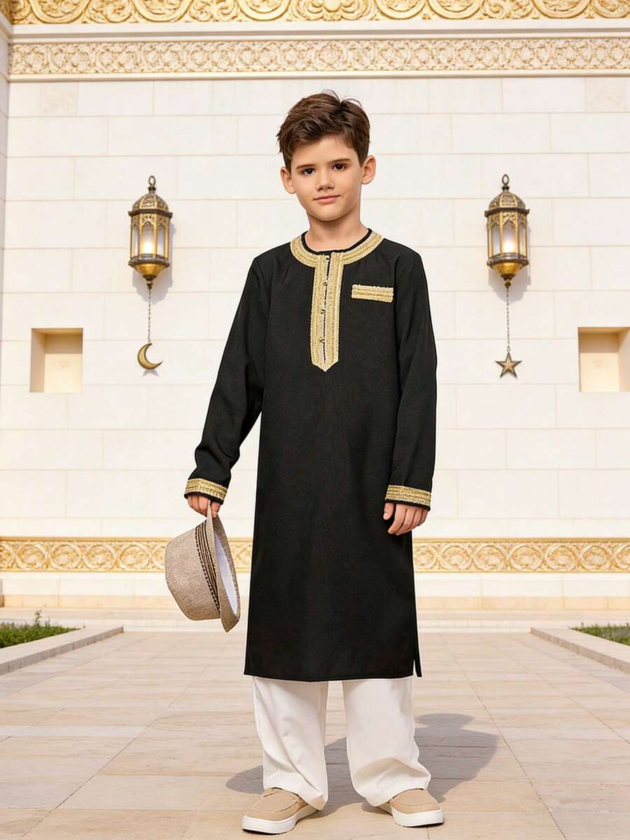 SHEIN Áo len dệt dáng dài vừa phải, thoải mái, chắp vá, có khóa kéo nửa, dành cho bé trai tuổi mới lớn, thường ngày - màu đen - Xem 1