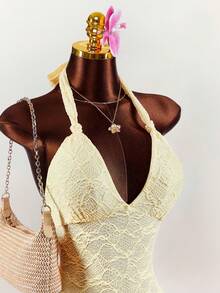 Amplova Women's Knitted Jacquard Halter Backless Jumpsuit With Twist Detail, Sexy And Avant-Garde For Vacation Outfit - Light Yellow - View 5