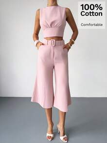 Firerie 女士优雅夏季乡村音乐会外出波西米亚海滩度假基本休闲办公通勤口袋100%纯棉阔腿七分百慕大短裤，粉色，100%水洗纯棉低腰直筒宽松裤女士亚麻裤女士阔腿裤阔腿裤女士春夏 - 粉色 - 查看 7