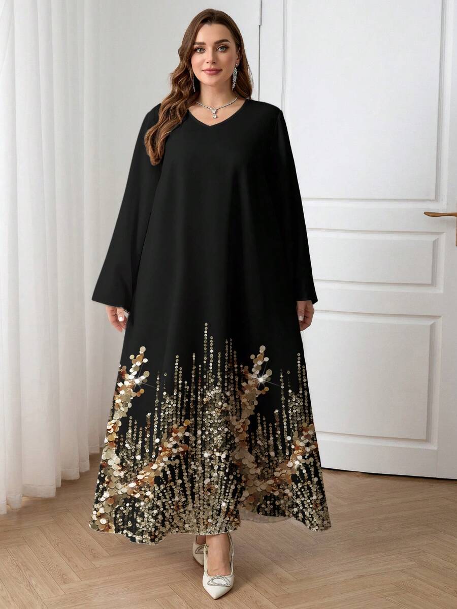 Al Najma Plus Size Casual Minimalist V-Neck Arabic Style Dress Plus Long Dress Dress Modest - Multicolor - View 1