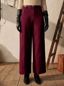 Zovinel 高腰宽松直筒裤，配腰带，卡其色，休闲商务两相宜，春秋季款 - 酒紅色 - 查看 6