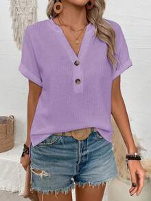 Lymera Camiseta de manga corta de unicolor con cuello en pico y botones, versátil y casual - Púrpura malva - Ver 3