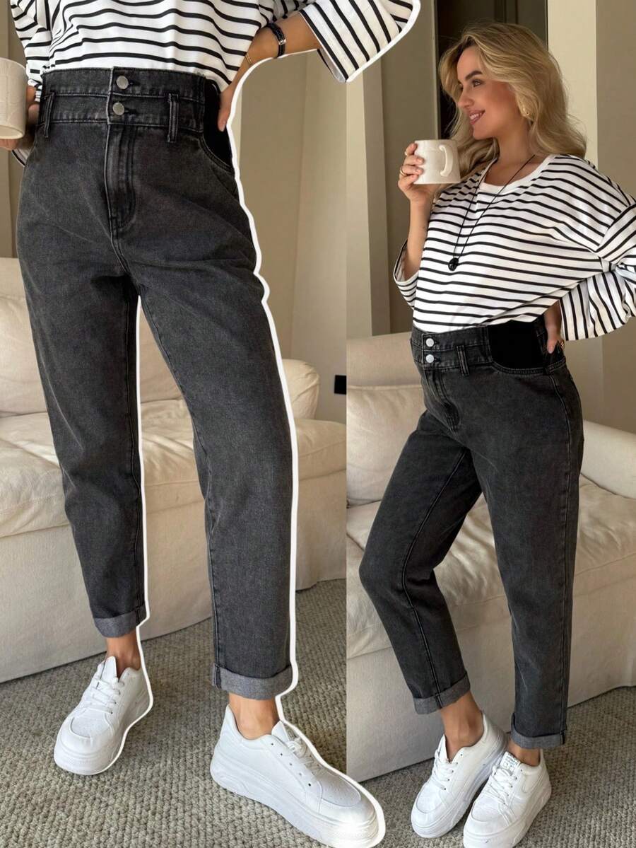SHEIN Quần jeans bầu màu trơn, cạp hai lớp, có túi, kiểu dáng thường ngày, đa năng, thích hợp cho mùa xuân, Giáng sinh, Năm mới, Lễ Tạ ơn, đi làm, nghỉ mát, tốt nghiệp, phong cách Y2K, dễ thương, thời trang đường phố, dự tiệc, đám cưới, thanh lịch, công sở, thường ngày. - màu đen - Xem 1