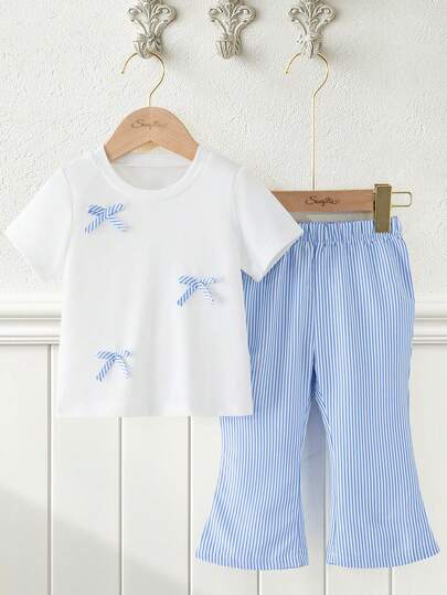 Souflis Souflis Baby Girls' Korean Style Casual Cute Car & Bow Knit Short Sleeve Top And Black Flared Pants Set, Summer