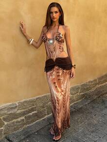 SHEIN BAE 女士全印花镂空性感吊带连衣裙 - 棕色 - 查看 1