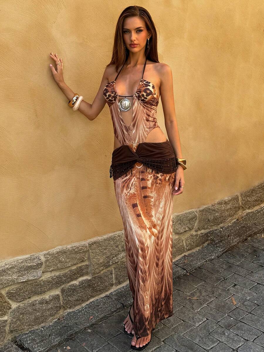 SHEIN BAE 女士全印花镂空性感吊带连衣裙 - 棕色 - 查看 1