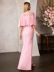 MOTF PREMIUM Váy dạ hội dài chấm đất bằng vải chiffon cổ tròn tay lửng thanh lịch dành cho nữ - Váy viền xếp nếp hình nàng tiên cá với chi tiết xẻ tà và lưng trong suốt, lý tưởng cho tiệc cưới, sinh nhật và tiệc cocktail, phong cách với hoa tai xinh xắn và giày cao gót quai mảnh - Hồng - Xem 4