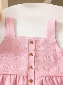 SHEIN Genkimix Kids 2pcs Girls (Small) Casual Textured Fabric Camisole & Wide Leg Pants Set, Pink Comfortable & Fashionable Outfit - Pink - View 3