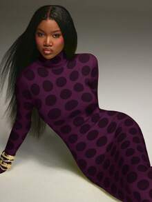 NYA SZN Dress Long Sleeve Fitted Bodycon Turtle Neck Slit Cut Out Midi Length Everyday Casual Business Casual Office Back To School Party Club Evvent Ibiza Holiday Green Knitwear Knit Fall Winter Outfits For Women - Purple - View 7