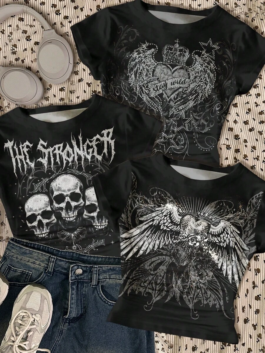 SHEIN 3pcs Tween Girls' Slim Fit Crew Neck Ruched Short Sleeve T-Shirt,Black,Summer,Grunge Punk Y2k,Concert Skull Heart Wing Punk Gothic Retro Print - Multicolor - View 1