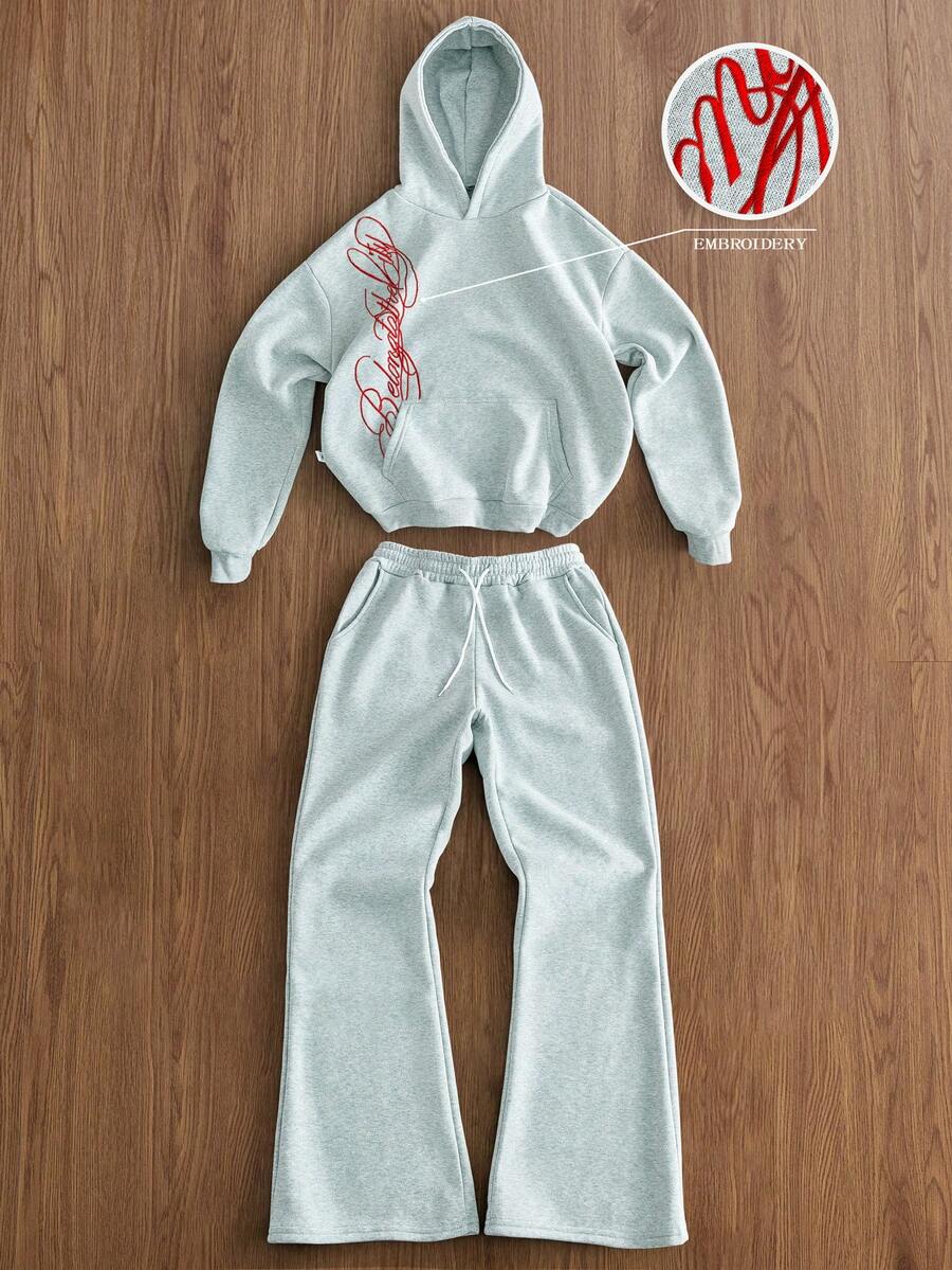 TOKVUE Bộ đồ thể thao nam màu xám trơn, co giãn, phong cách đường phố, chi tiết thêu, đồ thể thao nam, bộ đồ thể thao 2 mảnh nam. - Màu Xám nhạt - Xem 1