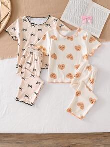 女婴卡其色蝴蝶爱心图案荷叶边短裤睡衣套装 - 卡其色 - 查看 6