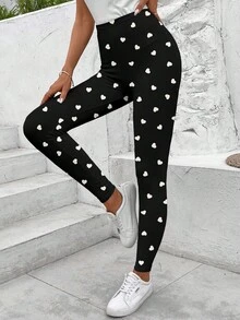 SHEIN LUNE Quần legging nữ họa tiết trái tim đen trắng, thích hợp cho mùa thu/đông, ngày Valentine, quà tặng Valentine cho nữ, quần legging đen ngày Valentine. - Nhiều màu - Xem 9