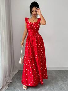 Rafferiza 爱心印花荷叶边领泡泡袖系带露背喇叭连衣裙，红色爱心连衣裙，情人节约会佳选，女士夏季连衣裙 - 紅色 - 查看 5