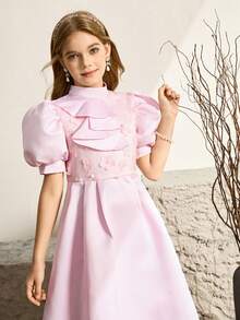 SHEIN Tween Girl Fashion Party Banquet Mock Neck Jabot Collar Bubble Sleeve Embroidered Decor Waist Fit Dress - Pink - View 5