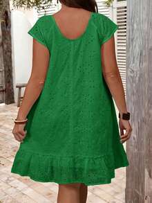 EMERY ROSE Vestido casual de verano de talla grande con bordado hueco y volante en el bajo - Verde - Ver 2