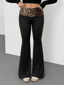 SHEIN Tall 女士时尚休闲豹纹喇叭裤 - 黑色 - 查看 7
