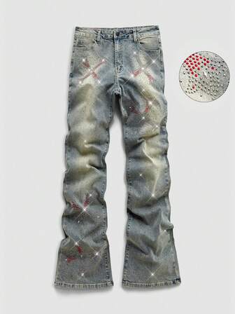 Jeans de mezclilla con patrón de cruz de diamantes brillantes en capas para hombres