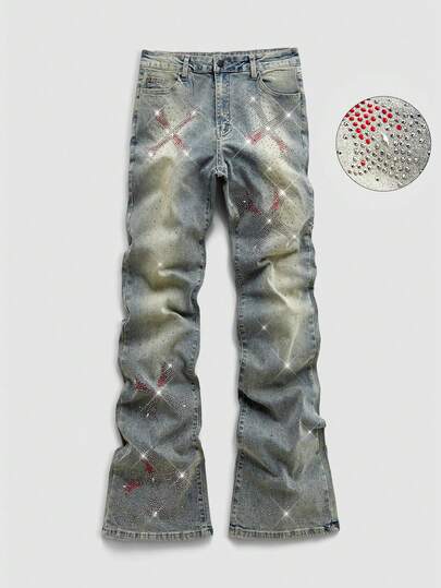 بنطلون جينز رجالي متعدد الطبقات مع نقشة صليب مرصعة بالألماس اللامع