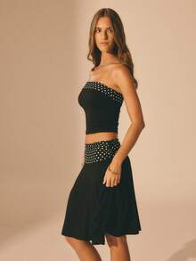 Aralina 女士两件套撞色波点修身抹胸上衣搭配侧边褶皱飘逸中长裙套装，波点上衣，波点半裙，夏季度假装，春季装，婚礼宾客装，节日装，休闲女装 - 黑色 - 查看 3