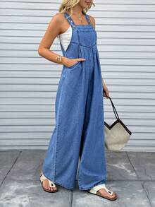 EMERY ROSE Women's Fashion Casual Pocket Denim Bib Pants - Blue - View 6