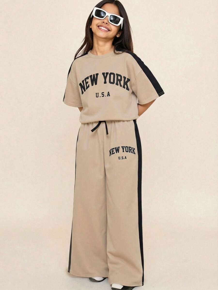 Tween Girls' Loose Casual Minimalist Comfortable Round Neck Patchwork Contrast Color T-Shirt And Pants Set - Multicolor - View 1