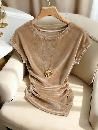 Franclia Elegant Round Neck Fitted Shoulder Short Sleeve Waist Pleated Asymmetric Hem Velvet Fabric Champagne Color Women T-Shirt, Spring/Summer