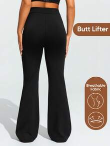 SHEIN Maternity Solid Color Adjustable Waistband Pocket Casual Flare Pants Maternity Pants Flared Leggings For Women Pregnancy Pants Bell Bottom Pants Maternity Clothes - Black - View 2