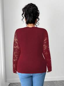 Elenzga Áo thun nữ cỡ lớn thanh lịch cổ vuông tay dài phối ren, thiết kế vạt áo bất đối xứng, giúp thon gọn vòng eo, thích hợp mặc đi làm, đi chơi, dự tiệc, đi club. - Màu Đỏ Sâu - Xem 2