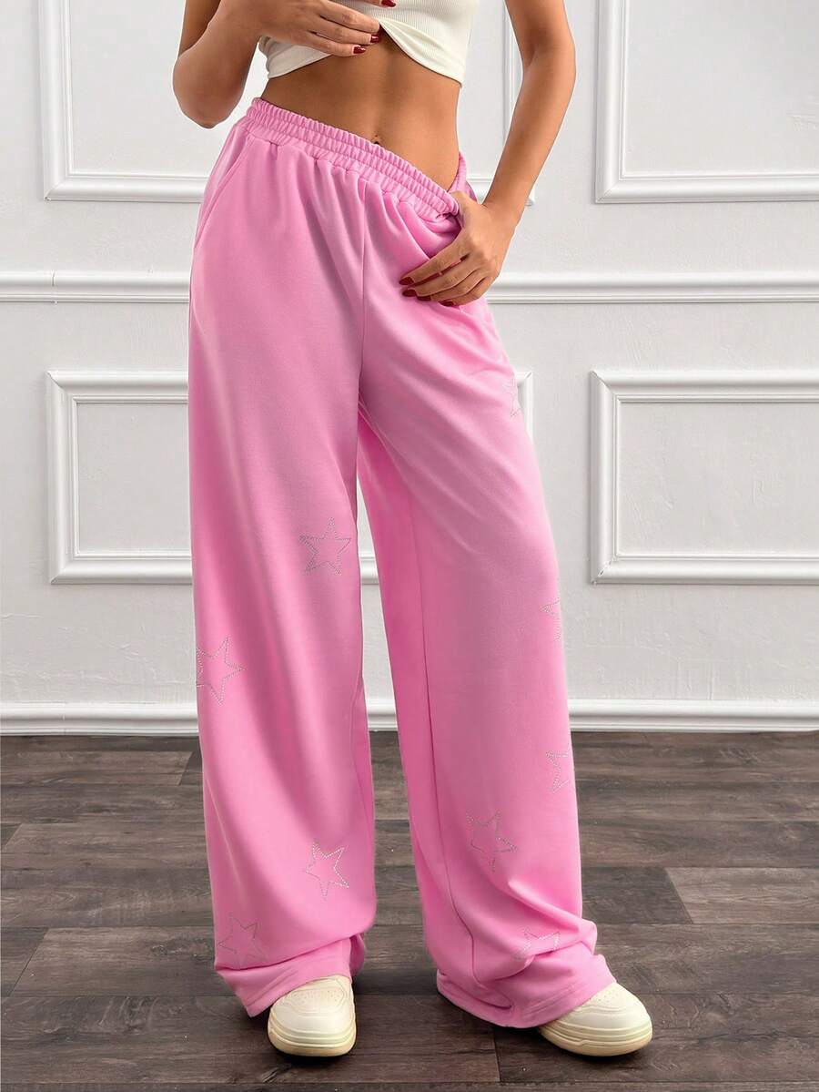 Cloudara Women's Rhinestone Star Elastic Waist Pockets Wide Leg Loose Casual Sweatpants - Pink - View 1