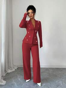 Elenzga بدلة نسائية أنيقة مع طوق واسع، أكمام طويلة، زخرفة باللؤلؤ، ملابس علوية ذو حافة مستقيمة وبنطال ذو ساق مستقيمة